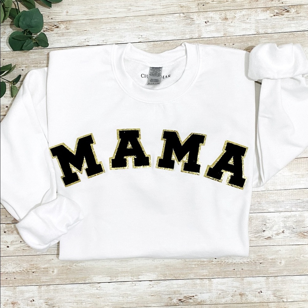 Mama Chenille Patch Crewneck Sweatshirt, black chenille patch, white sweatshirt